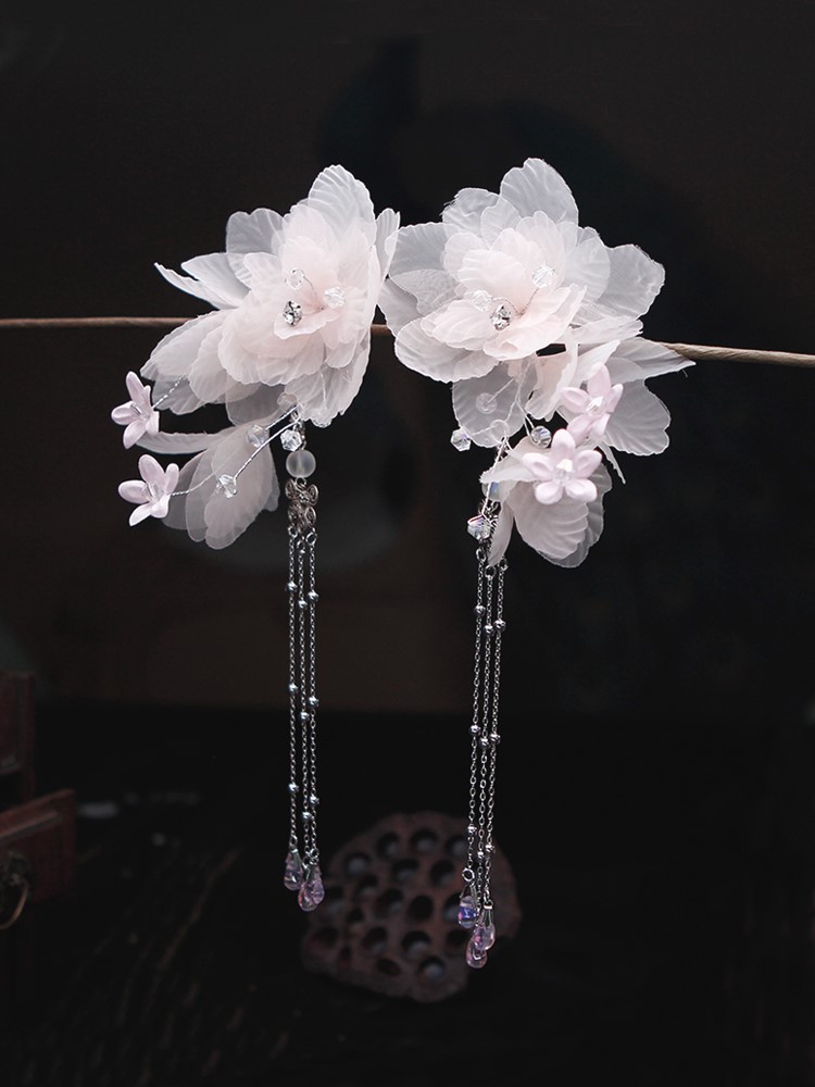 古风绢花发饰流苏对夹边夹白色浅粉色汉服步摇头饰超仙古装配饰女