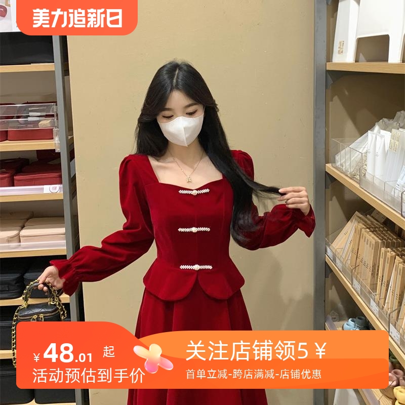 大码女装新中式红色丝绒回门订婚敬酒服平时可穿显瘦气质连衣裙女