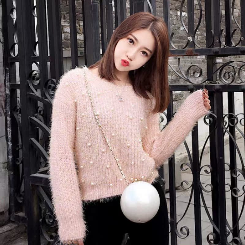 2019新款秋冬仿貂毛毛衣女圆领针织短款珍珠亮丝森系仙女上衣外套|ruв категории Женская одежда, свитер - от Buy2taobao.com для оказания профессиональной услуги покупки агента Taobao