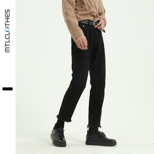 新款 小个子男生春季季韩版百搭黑色九分显瘦毛边小直筒牛仔裤子