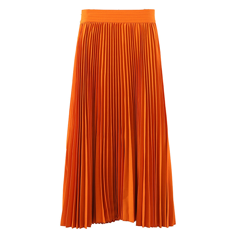 2021新款高腰垂坠感半身裙百褶裙女春秋高级感长款桔色a字大摆裙