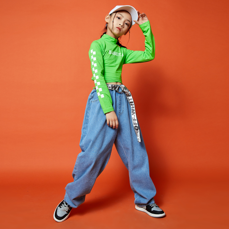 儿童爵士舞套装韩版露脐上衣jazz演出服女童嘻哈街舞长袖走秀潮装