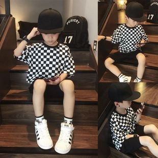 巴拉巴柆男童夏季儿童t恤2024新款中大童黑白棋盘韩版短袖洋气宽