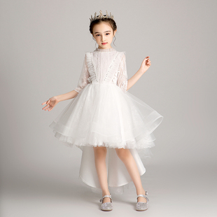 定制女童礼服蓬蓬纱白色长袖超仙公主裙花童婚礼主持人儿童钢琴演