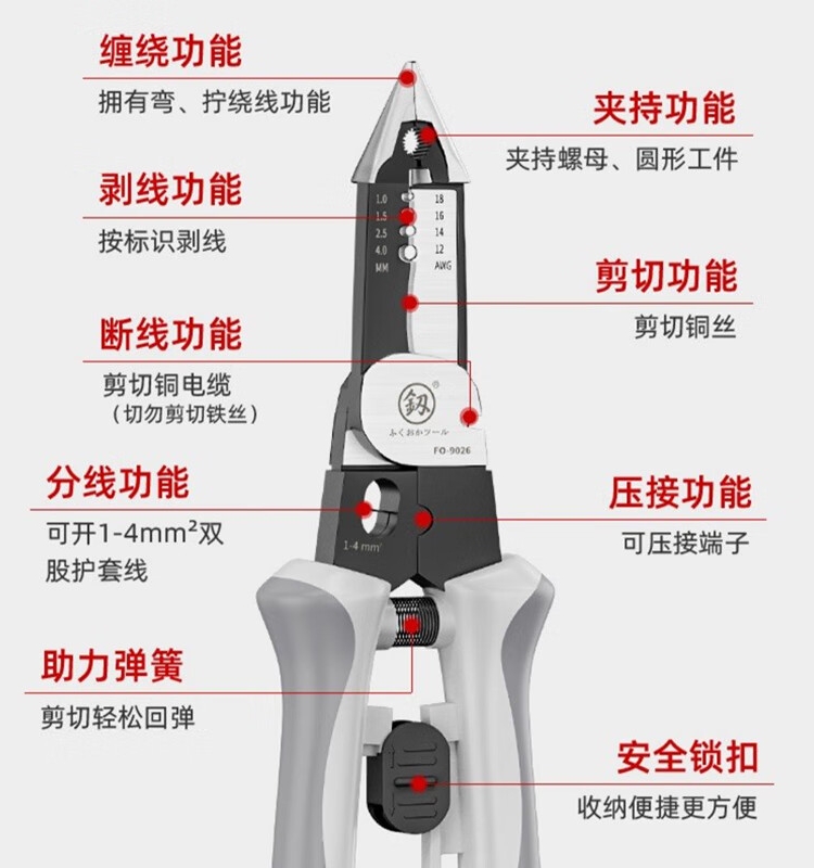 釰 福冈工具尖嘴钳多功能剥线钳剪切压接断线分线缠绕