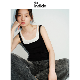 indicia标记夏季新款女装带胸垫黑白撞色假两件吊带背心上衣女