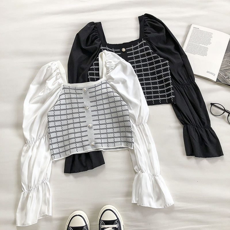 Autumn new pattern Korean Edition French Wind court Pearl clasp have cash less than that is registered in the accounts Self cultivation lattice Mosaic puff sleeve square neck shirtin the Women's clothing/Boutique , Shirt category - from Buy2taobao.com to provide professional Taobao agent buy service