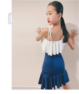 网红拉丁舞服女童夏季露背新款练功服分体裙子白色荷叶边演出套装