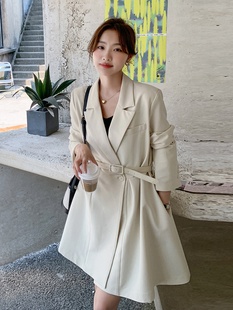 米白色中长款西装外套女2023春季新款韩系高级感气质收腰显瘦西服
