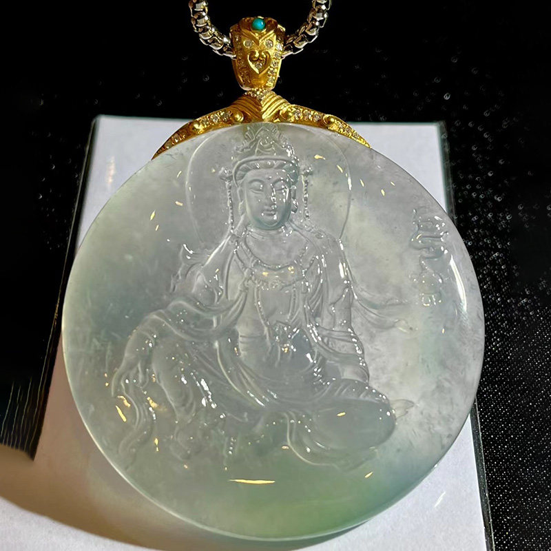 七小匠天然缅甸老坑a货冰种飘绿自在观音菩萨18k金镶嵌翡翠吊坠女