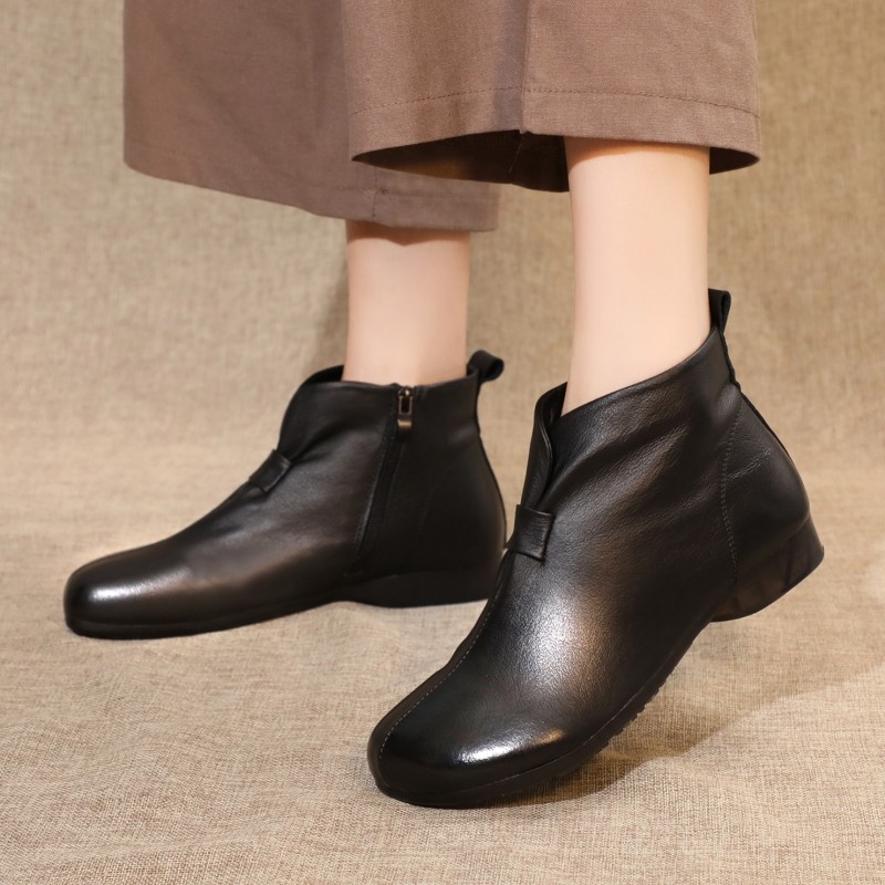 软皮短靴女平底妈妈鞋秋冬季加绒靴子真皮复古软底软皮女棉鞋皮靴