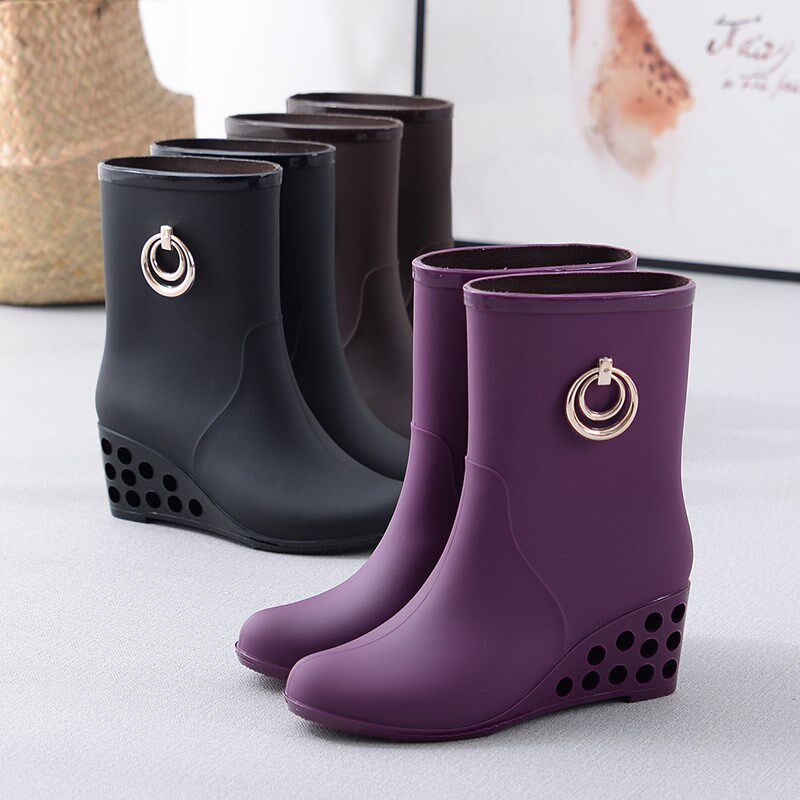 时尚雨鞋女式短筒水鞋雨靴高跟胶鞋套鞋中筒水靴防滑防水坡跟雨鞋
