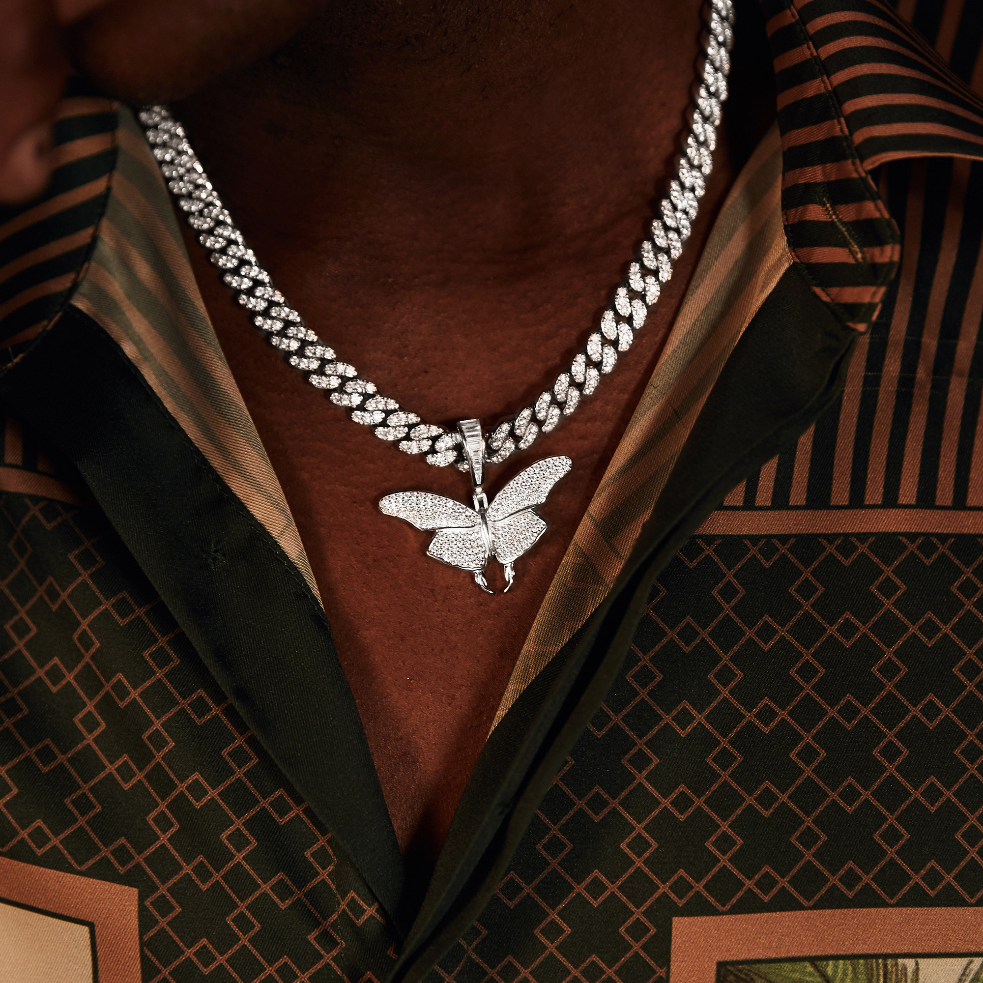 glacierboy新款美式潮流时尚蝴蝶镶钻银色欧美风轻奢古巴项链情侣