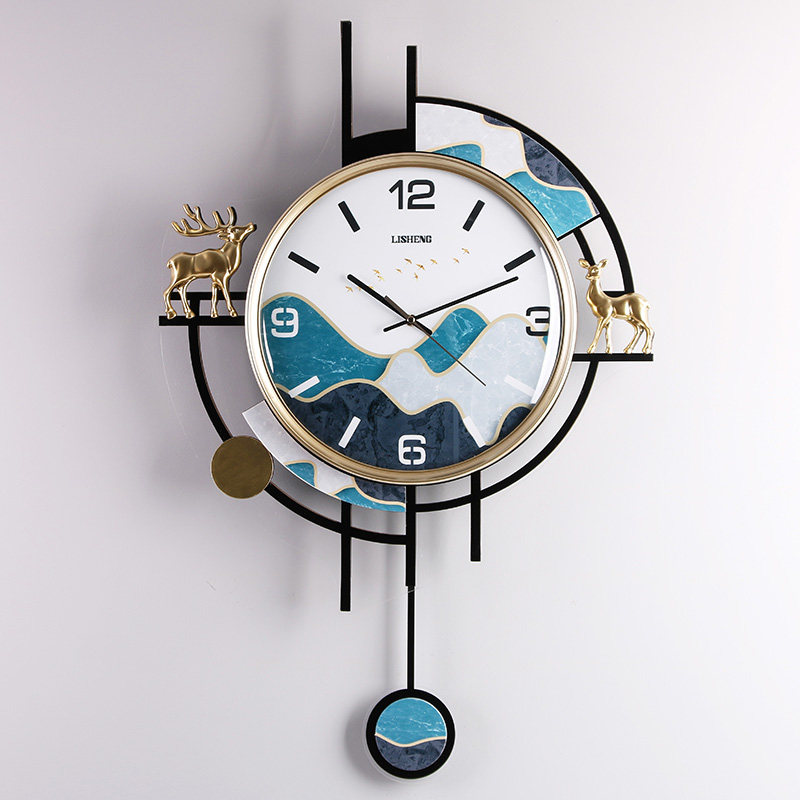 钟表挂钟现代简约个性蓝色装饰客厅静音石英钟轻奢艺术钟大气时钟