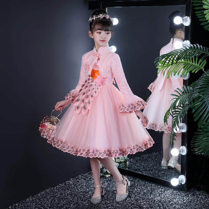 女童旗袍公主裙儿童唐装礼服新年装小女孩大红加绒礼服蓬蓬纱长裙