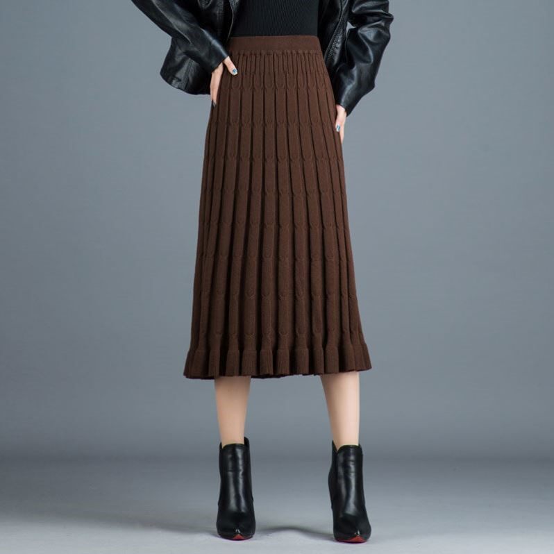 针织百褶裙过膝中长款女2021秋冬长裙加厚毛线裙子高腰a字半身裙