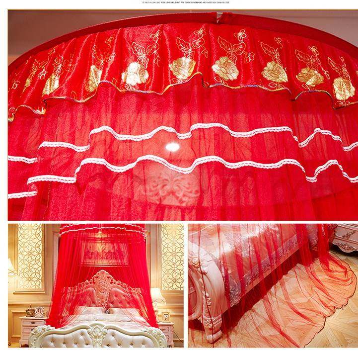 圆床纱帘_大红圆顶公主蚊帐落地宫廷床幔圆床婚庆纱幔结婚床上用品纱