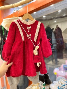 儿童中国风喜庆过年连衣裙女童送兔子玩偶冬季小朋友加绒红色裙子