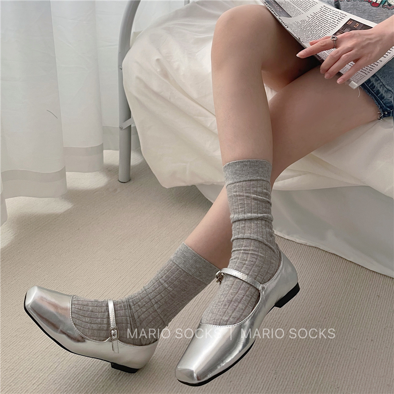 芭蕾风灰色袜子女中筒ins夏季薄款竖条堆堆袜日系简约纯色长袜棉