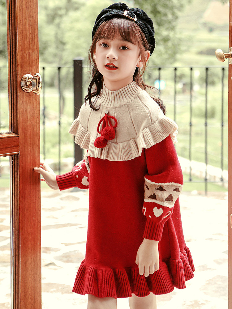 女童加绒连衣裙洋气童装儿童女宝宝圣诞节衣服红色毛衣裙子秋冬款