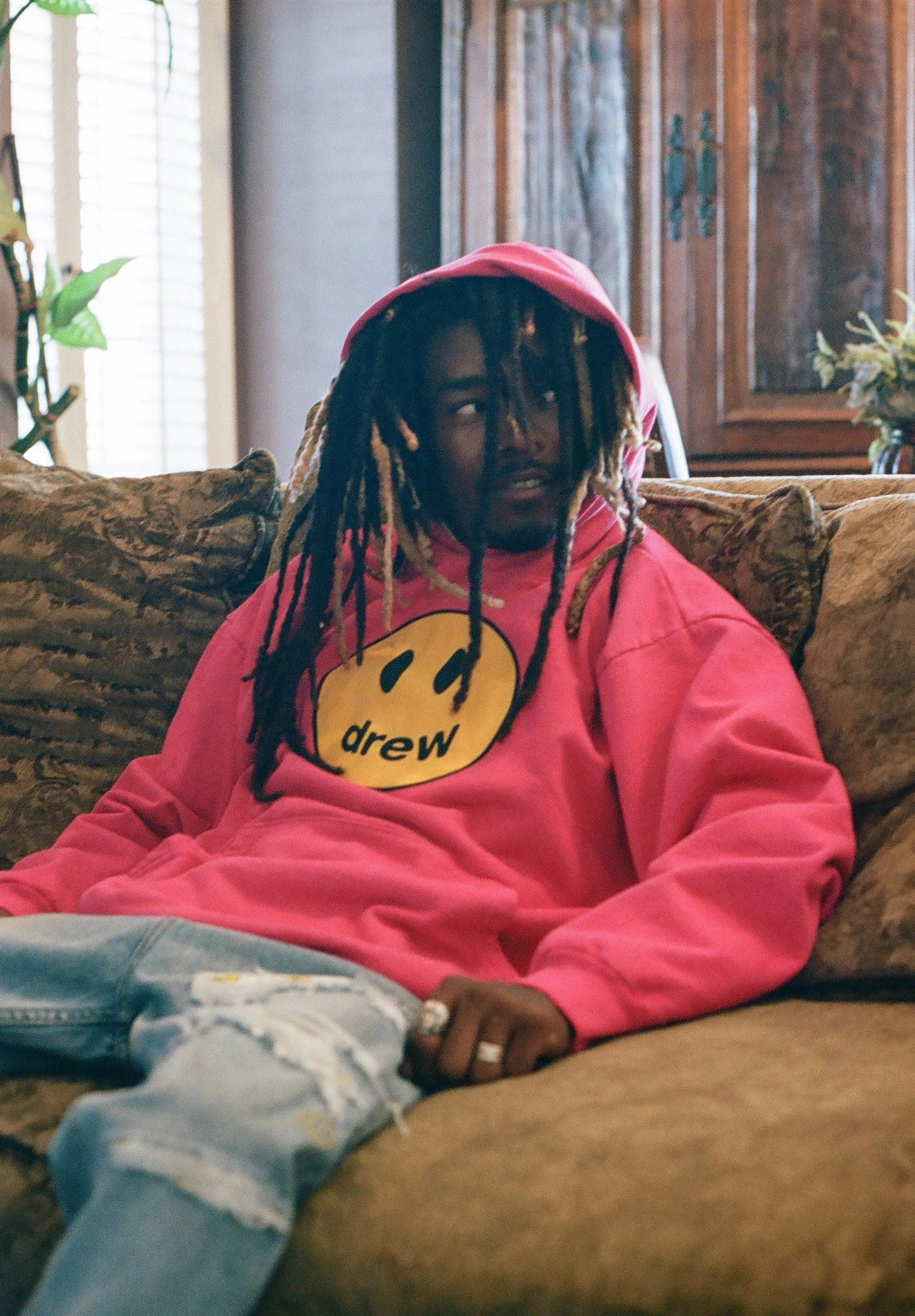 比伯笑脸卫衣休闲玫红色情侣美式街头风休闲宽松drew连帽衫优惠券