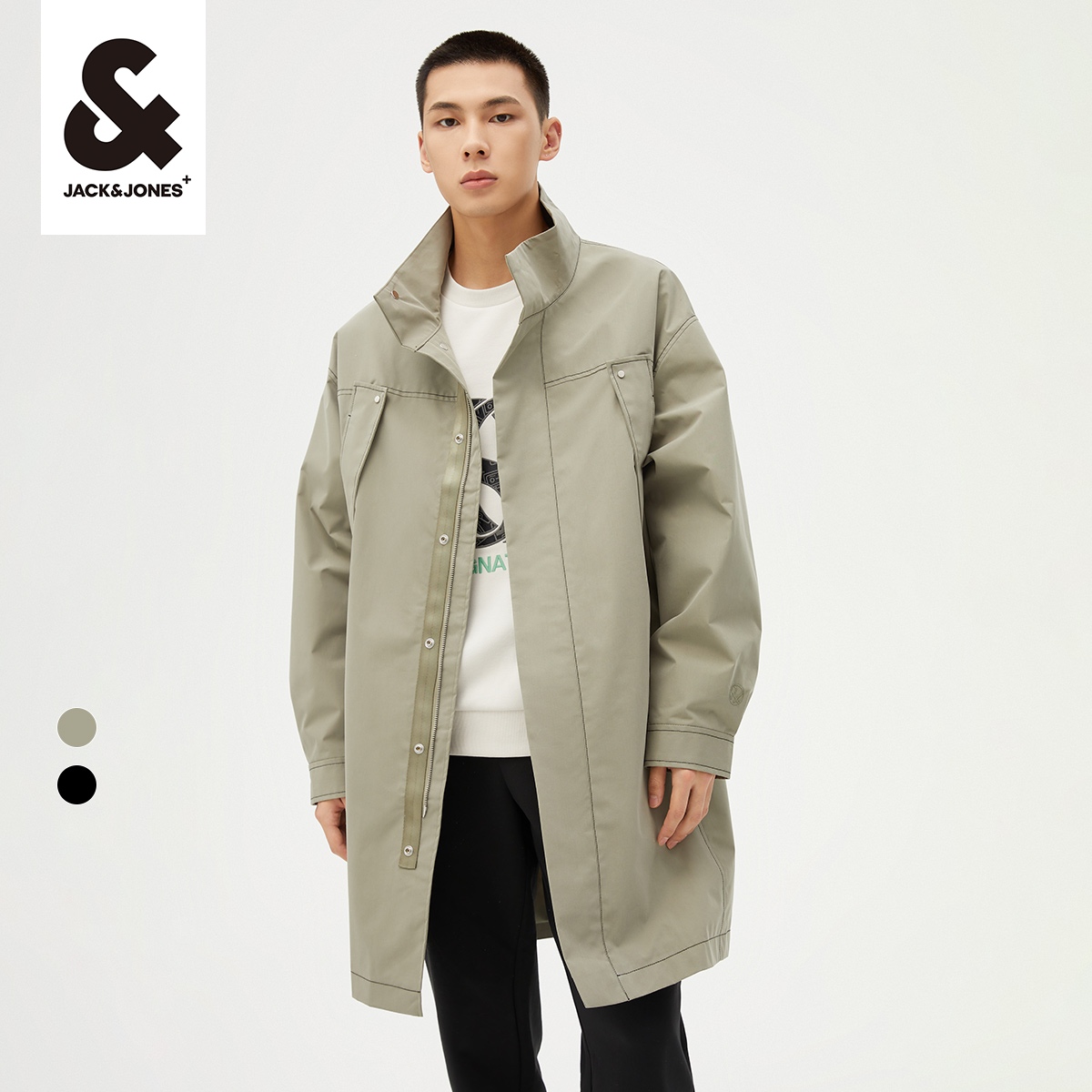 杰克琼斯outlets春季男风衣宽松百搭纯色多口袋长款外套男装夹克