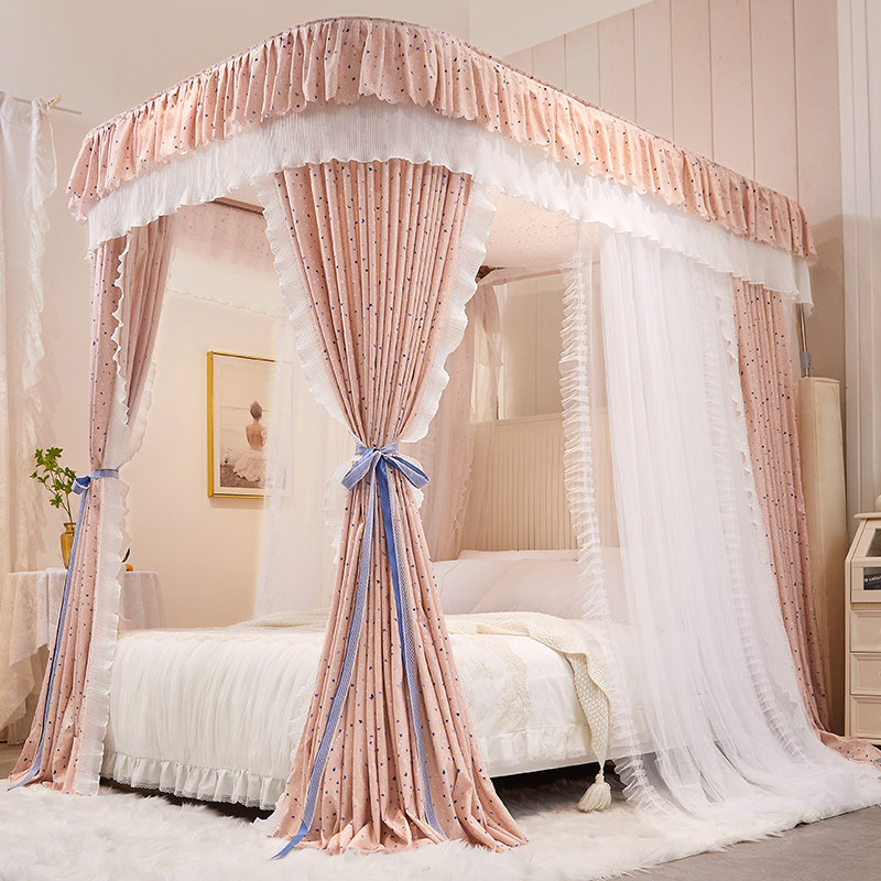 新款u型导轨蚊帐家用卧室公主仙女落地遮光床幔支架加厚伸缩床帘