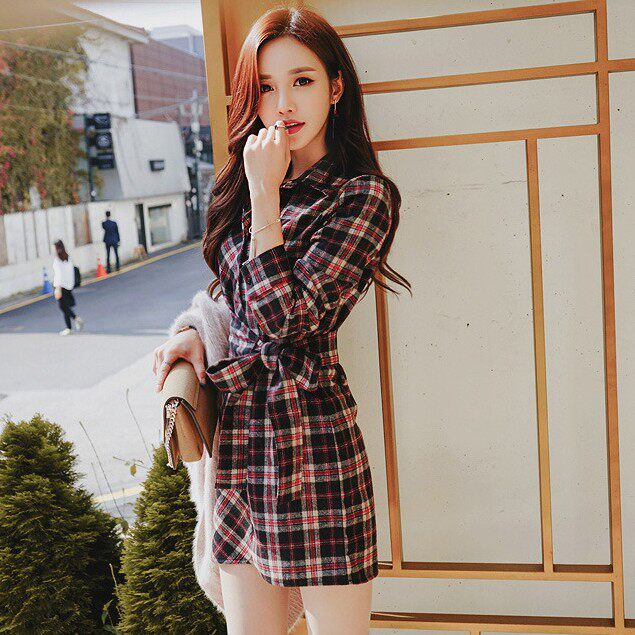秋季新款格子衬衫连衣裙女