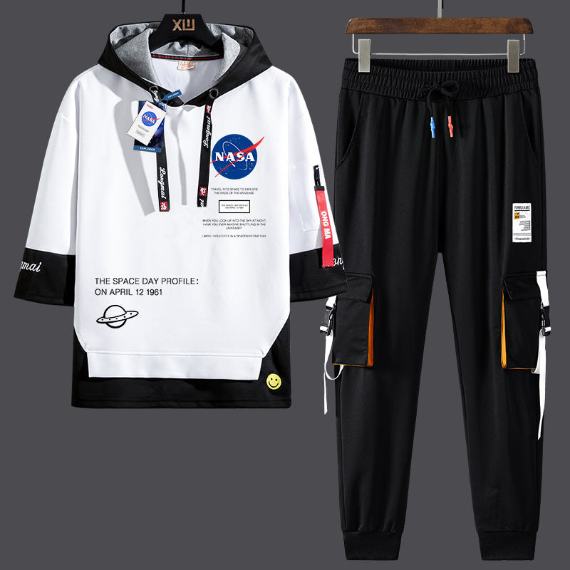 NASA联名旗舰店学生短袖t恤男休闲七分袖上衣服工装裤男生两件套