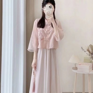 新中式国风盘扣粉色连衣裙女夏季两件套装裙改良旗袍裙子雪纺长裙