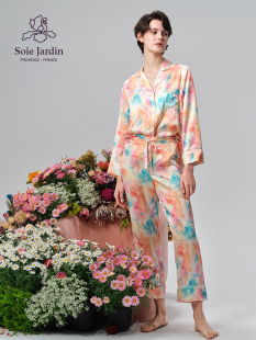 soie jardin3#水彩蒲公英女真丝长款套装桑蚕丝睡衣家居服可外穿