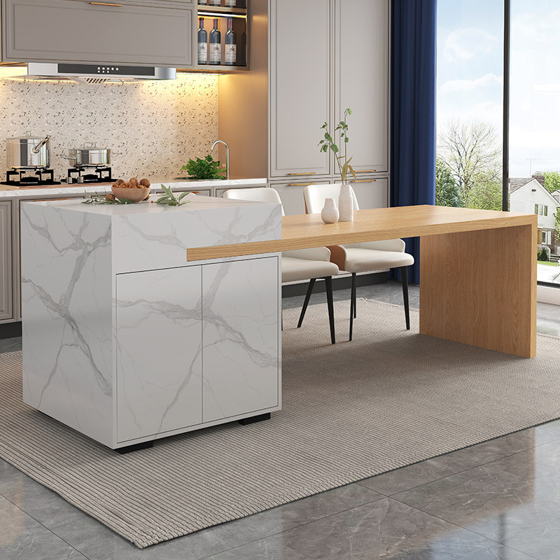 现代岩板岛台餐桌一体厨房餐桌组合中岛台吧台橱柜伸缩岛台定制