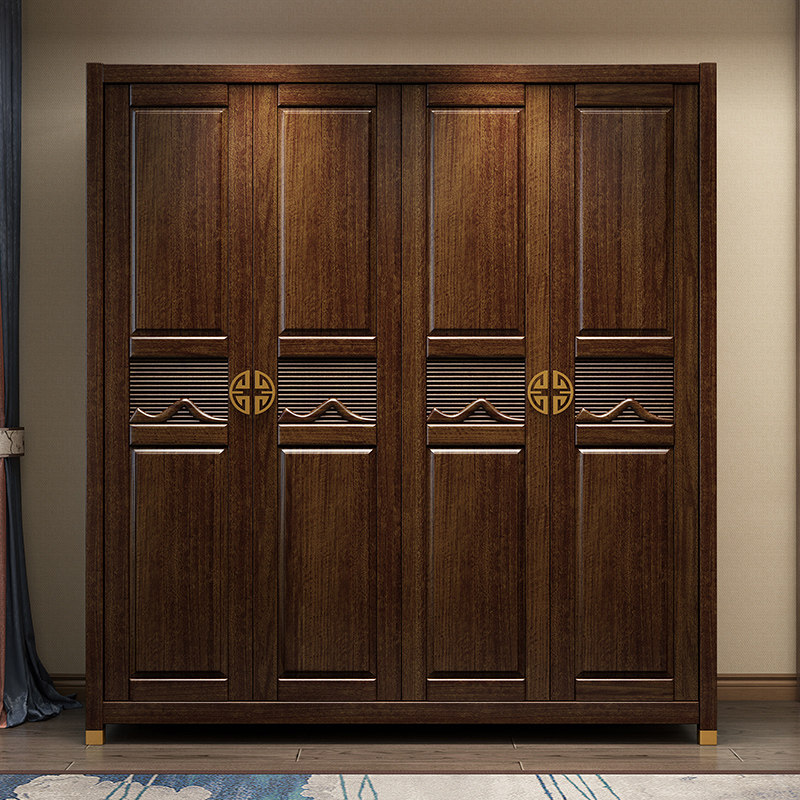 新中式胡桃木实木衣柜4门开门1.7米卧室轻奢现代简约高端木质衣柜