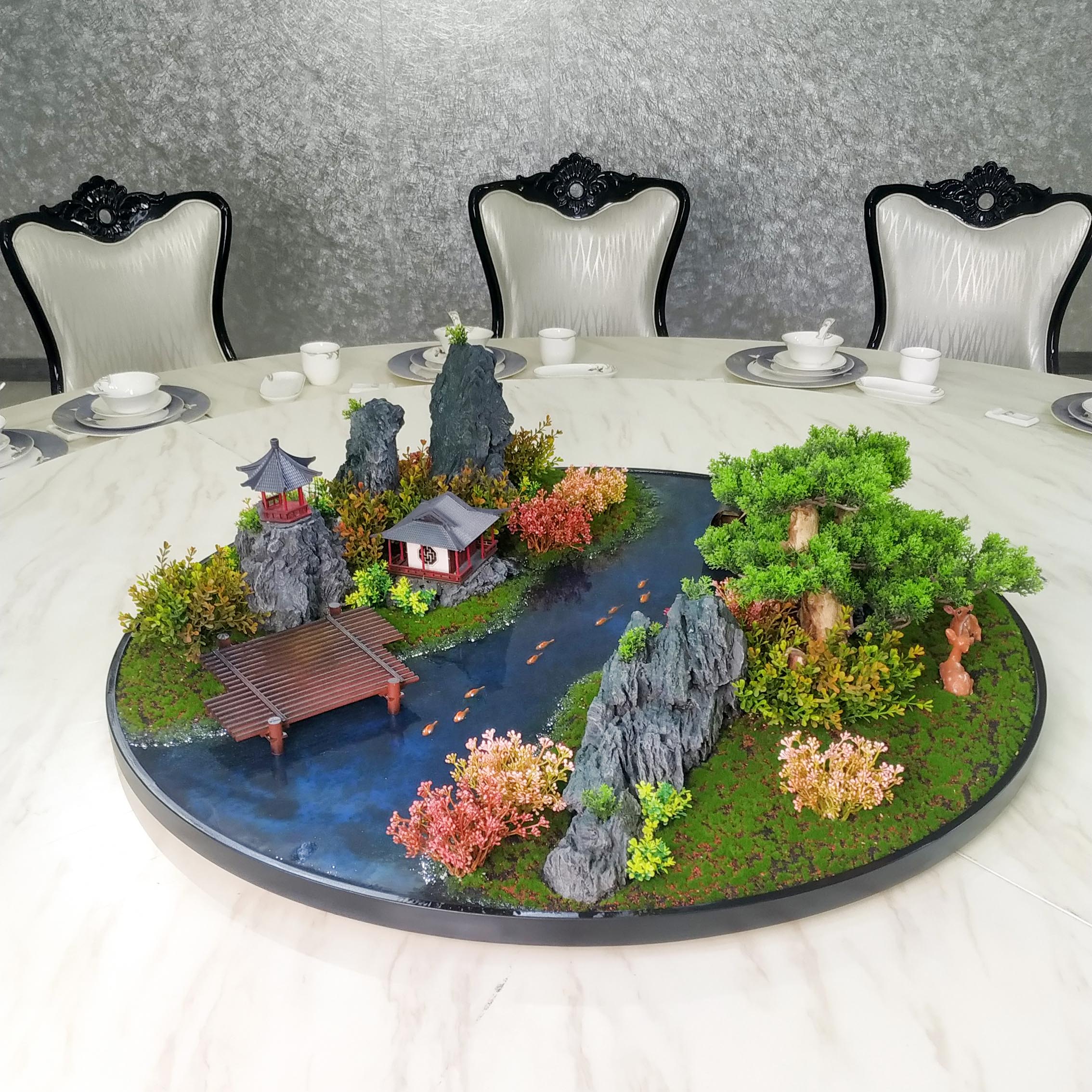 酒店大餐桌台花大圆桌创意摆件转盘中间意境装饰会议绿植仿真山水