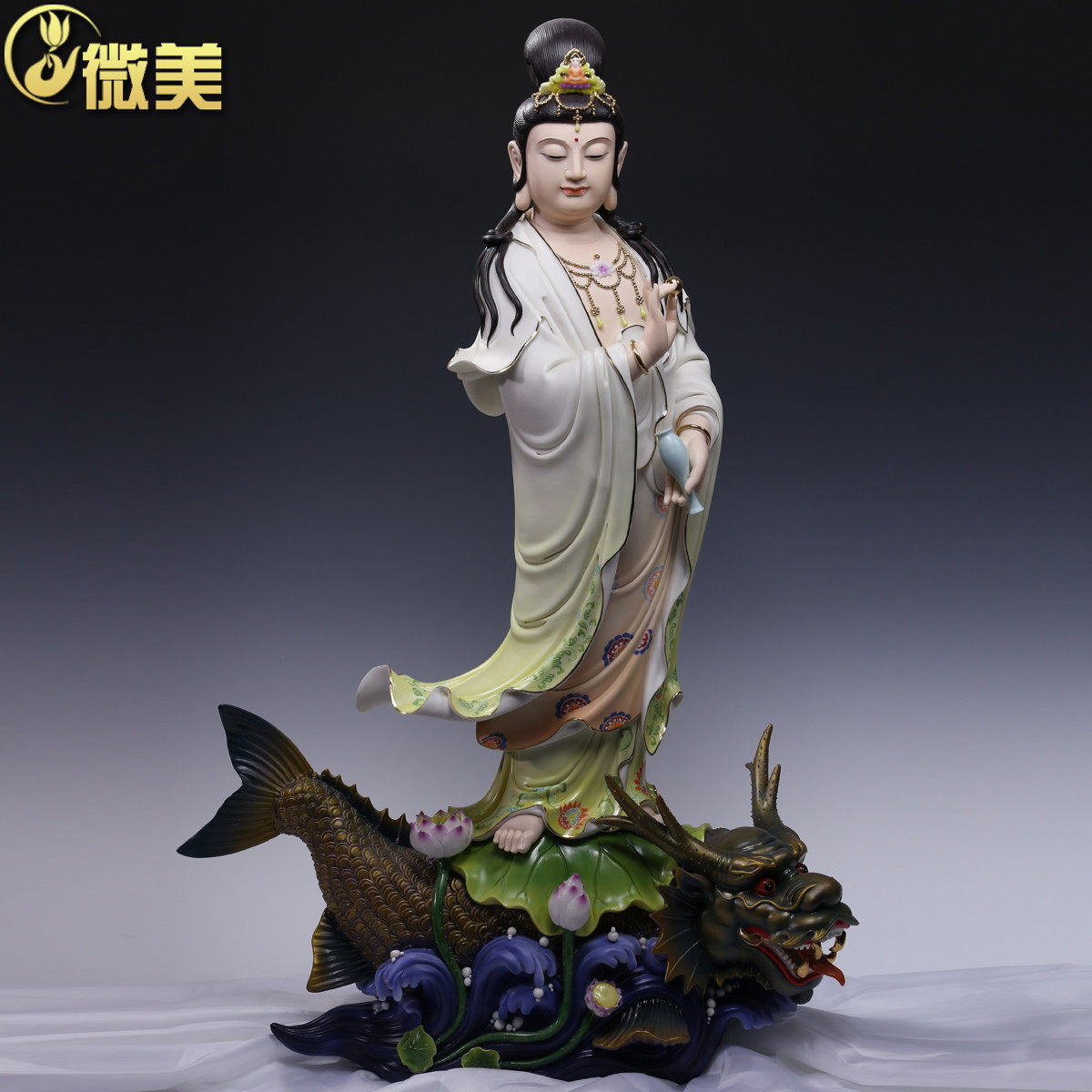 微美35吋鳌鱼自在观音菩萨像大型佛像佛堂寺庙供奉陶瓷艺术摆件