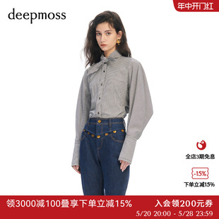 【deepmoss】春夏时尚复古潮流黑白格纹印花丝巾结衬衫上衣女秋装