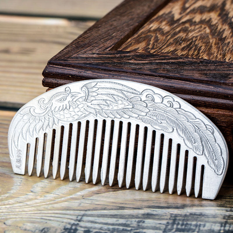 s999足银龙凤呈祥婚庆送礼纯银发梳子女士银梳子纯银饰品复古视品