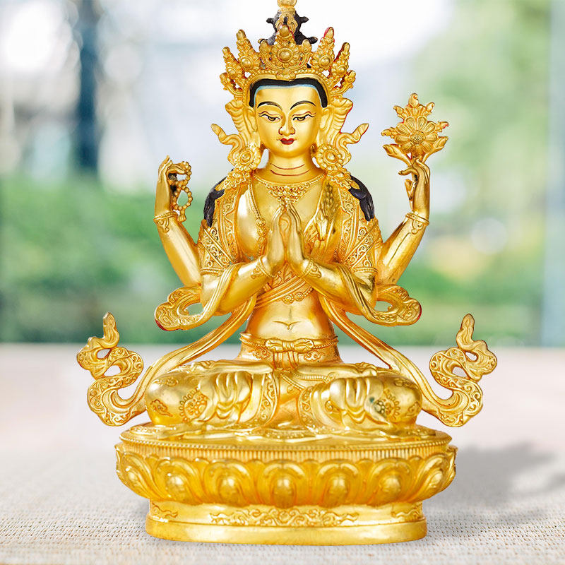 纯铜四臂观音佛像鎏金佛像藏传佛教用品5寸四臂观音佛像供佛摆件