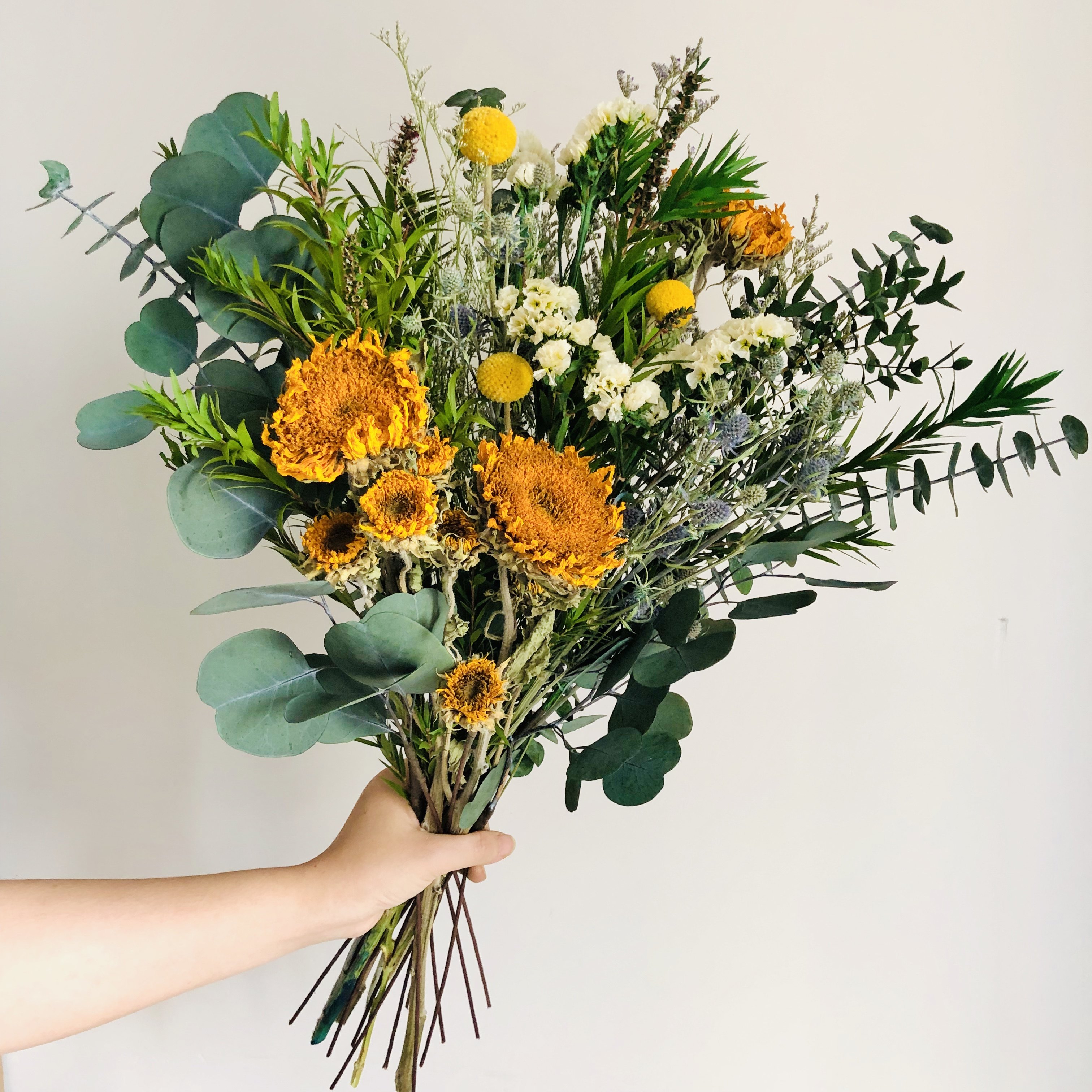 进口重瓣向日葵干花60cm森系花束尤加利永生花客厅永生花