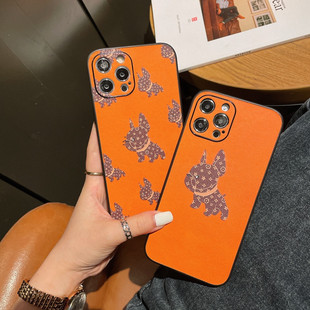 潮牌橙色法斗犬适用苹果13手机壳13promax高档11pro皮质iphone12全包