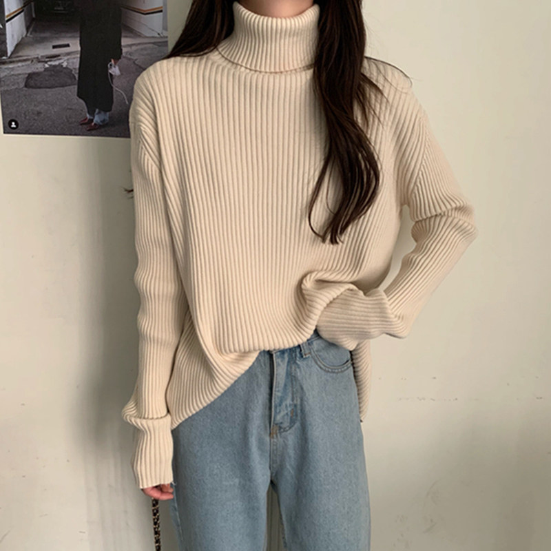 杏色高领毛衣女宽松