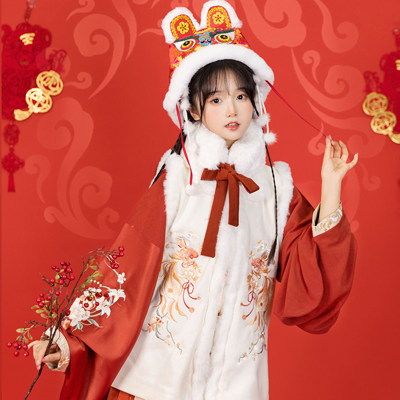 光夕福虎除岁明制短比甲交领短袄印花马面裙新年贺岁汉服女冬