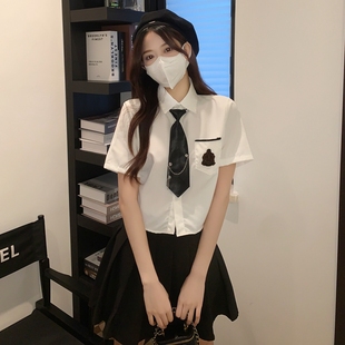 学院风jk制服套装夏装白色领带衬衫女短款学生装高腰辣妹穿搭上衣