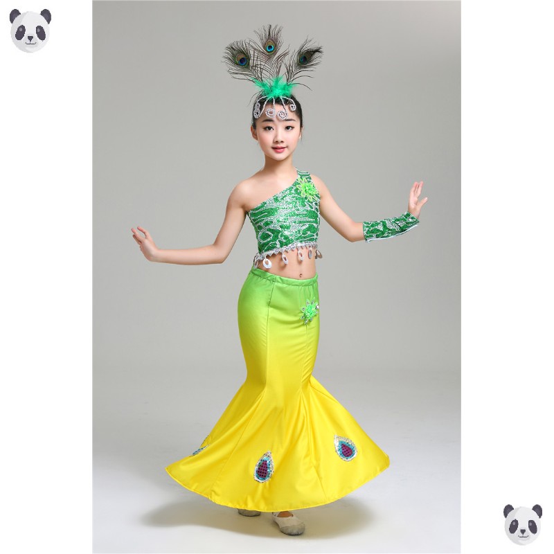新款傣族儿童服装女童孔雀舞蹈服弹力渐变包臀鱼尾裙少儿民族表演
