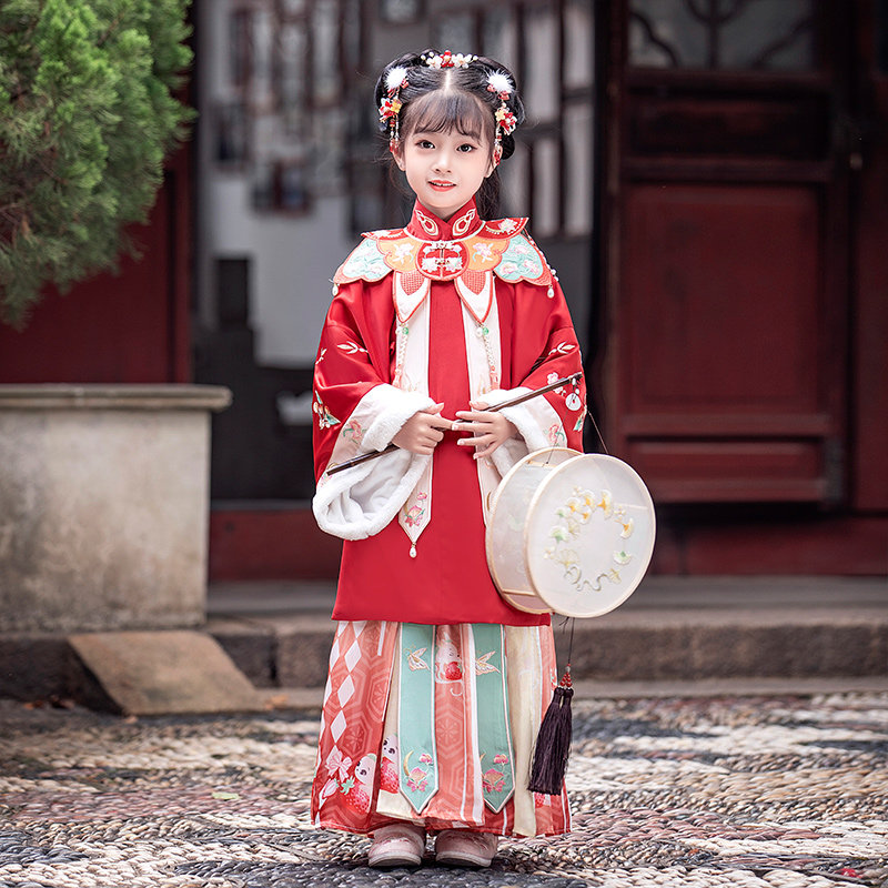 汉服女童冬装唐装明制云肩襦裙古装冬款加厚高端女冬季儿童拜年服