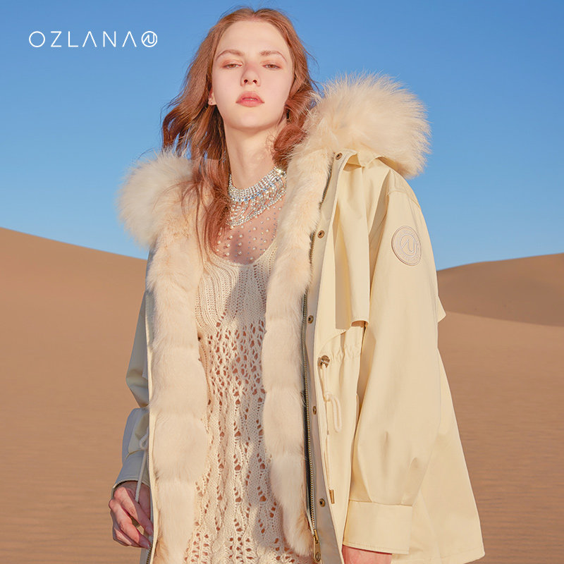 ozlana 冬季新款獭兔毛皮草派克服女皮毛一体可拆卸毛毛外套女