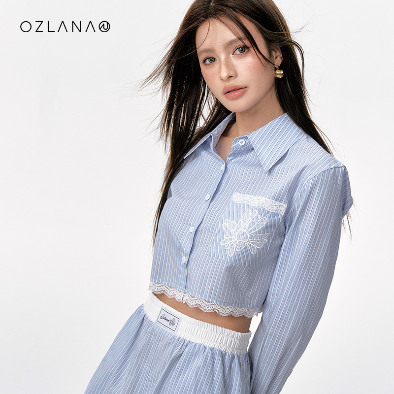 OZLANA套装女2024夏季新品ins风设计蕾丝拼接条纹衬衫短裤两件套