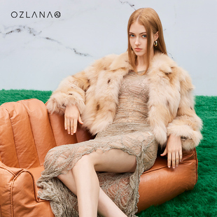 OZLANA貉毛渐变豹纹短款2023新款皮毛一体冬季保暖皮草外套上衣女