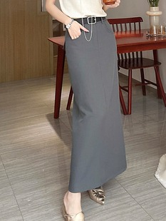 高腰显瘦半身裙女2024夏季新款梨形身材字长裙灰色开叉西装裙子