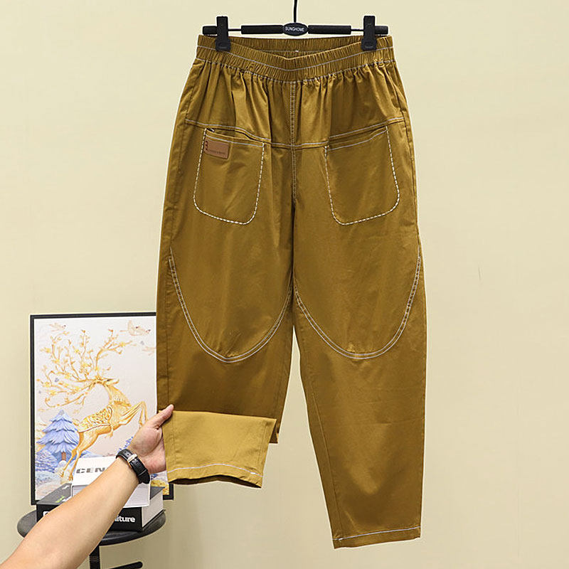 棉质裤子女春夏长裤女松紧腰棉麻裤女宽松大码胖格子哈伦裤休闲裤